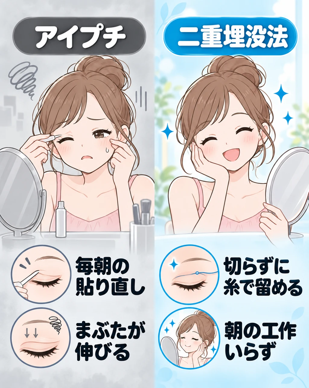 アイプチと二重埋没法を左右で比べた図